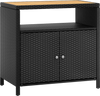 Rattan storage cabinet with acacia wood countertop, featuring a 2-door design, ideal for poolside or patio storage.