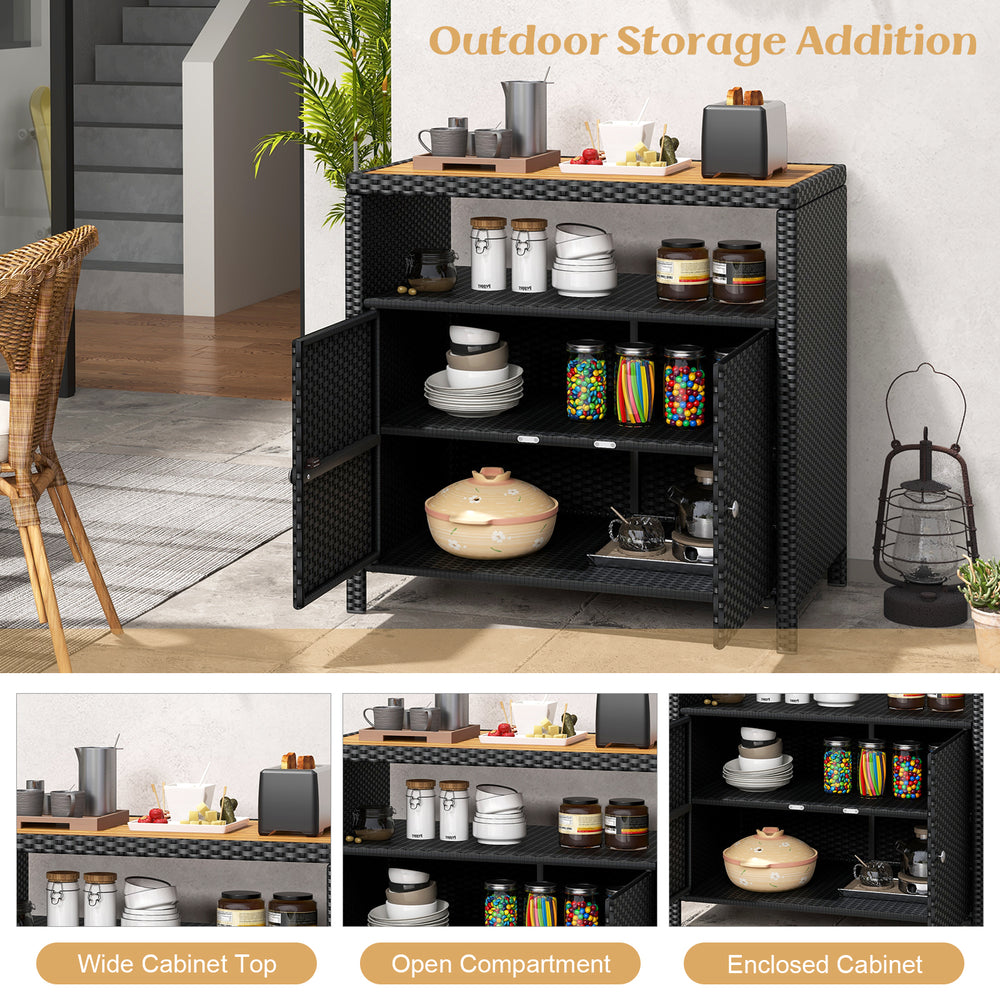 Rattan storage cabinet with acacia wood countertop, featuring open compartments and enclosed design for outdoor patio.