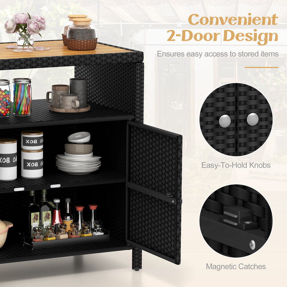 Rattan storage cabinet with acacia wood countertop, featuring a 2-door design and easy-to-hold knobs for patio.
