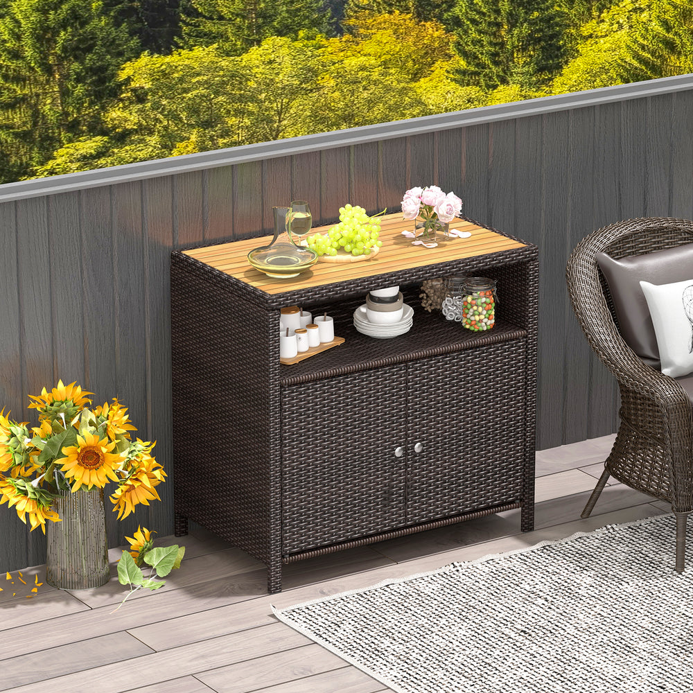Rattan Storage Cabinet with Acacia Wood Countertop for Poolside Deck and Patio-Brown - Gallery View 1 of 10