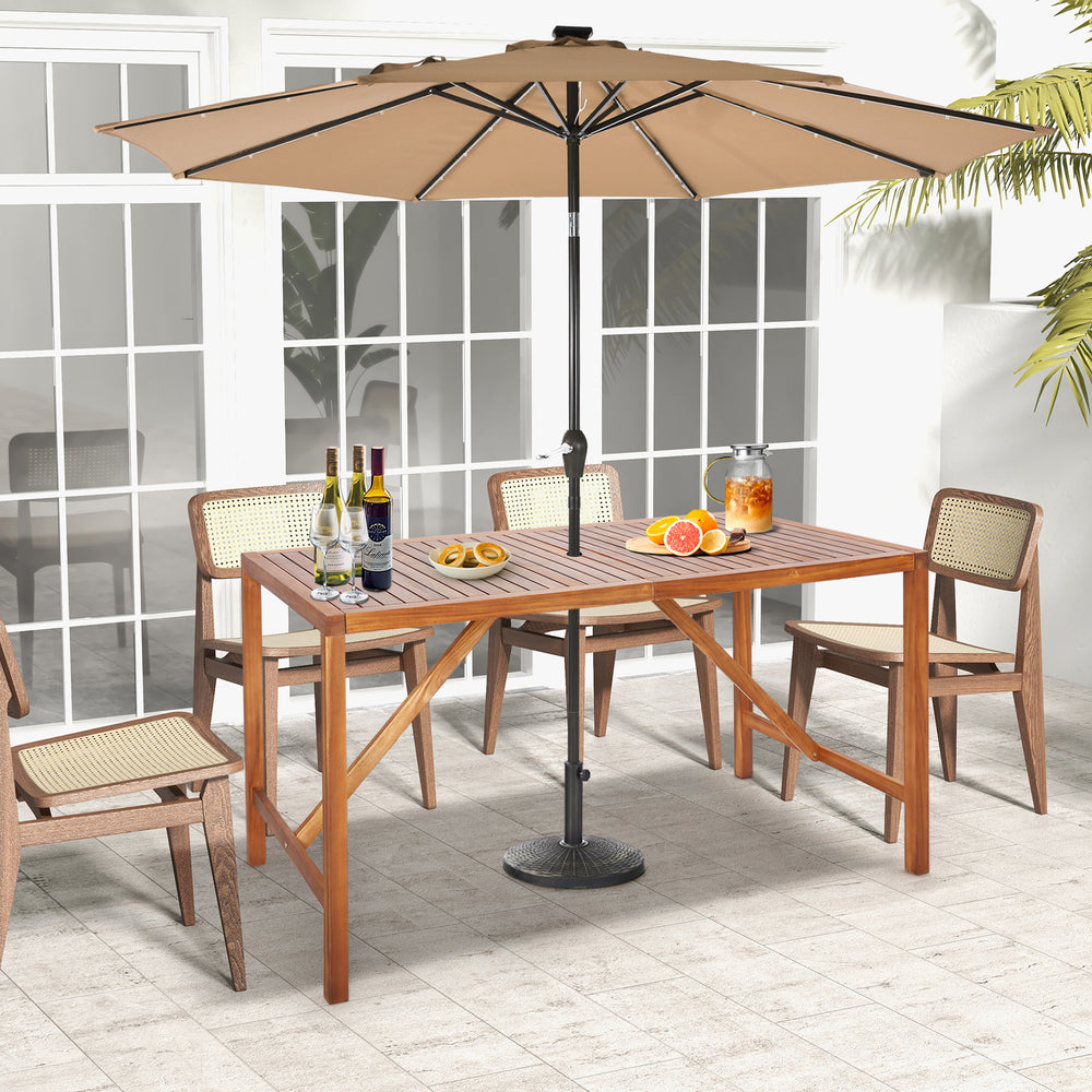 67-inch acacia wood dining table with umbrella hole, featuring a spacious design for six people, ideal for outdoor use.