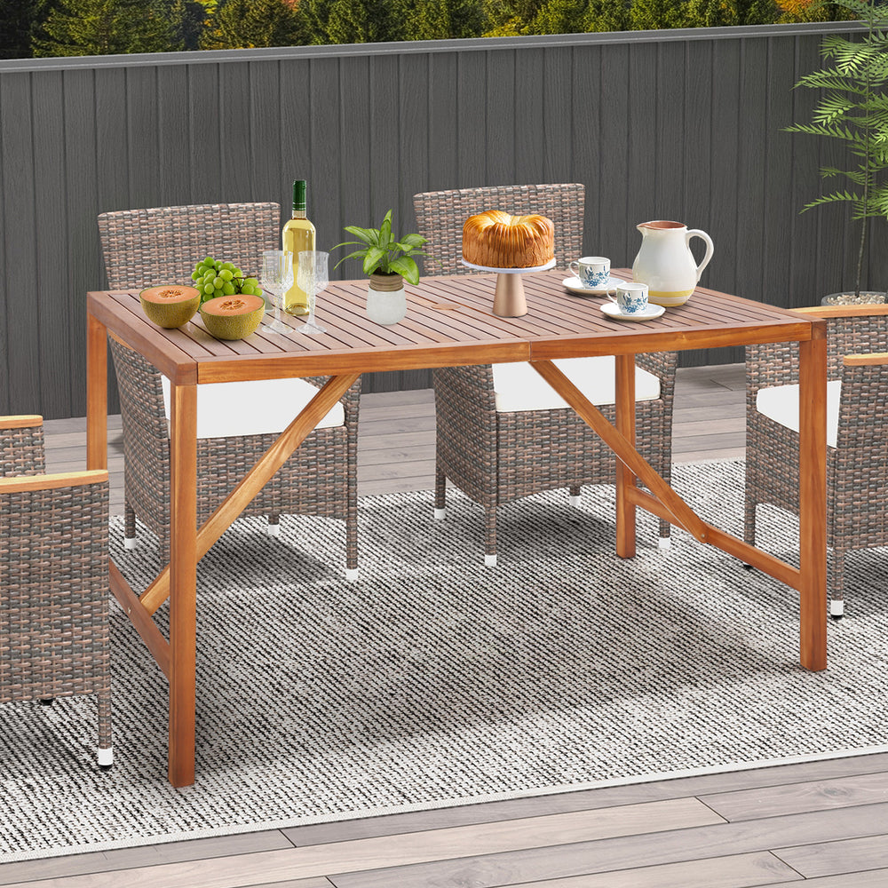 67-inch acacia wood dining table with umbrella hole, featuring a sturdy frame and elegant design, perfect for outdoor.