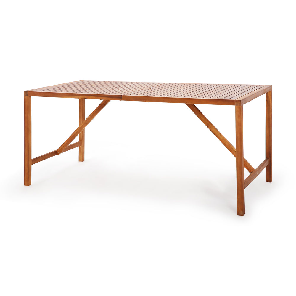 67-inch acacia wood dining table with umbrella hole, featuring a spacious surface for 6 people, ideal for outdoor use.
