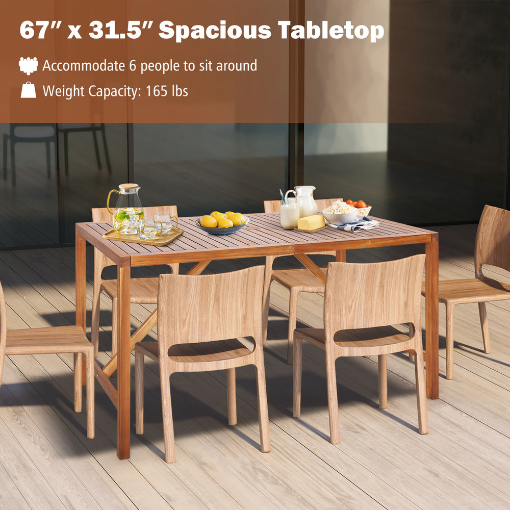 67" x 31.5" acacia wood dining table with umbrella hole, seating 6 people, ideal for outdoor gatherings.