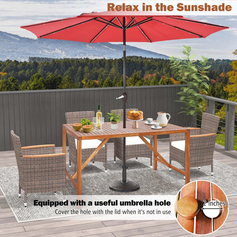 67-inch acacia wood dining table with umbrella hole, designed for six, perfect for outdoor patio gatherings.