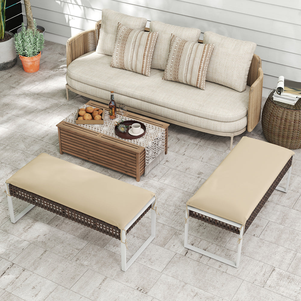 Beige 43-inch patio rectangle ottoman with metal legs and soft cushion, ideal for backyard or poolside use.