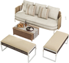 Beige 43-inch patio ottoman set of 2 with metal legs and soft cushions, ideal for backyard or poolside use.