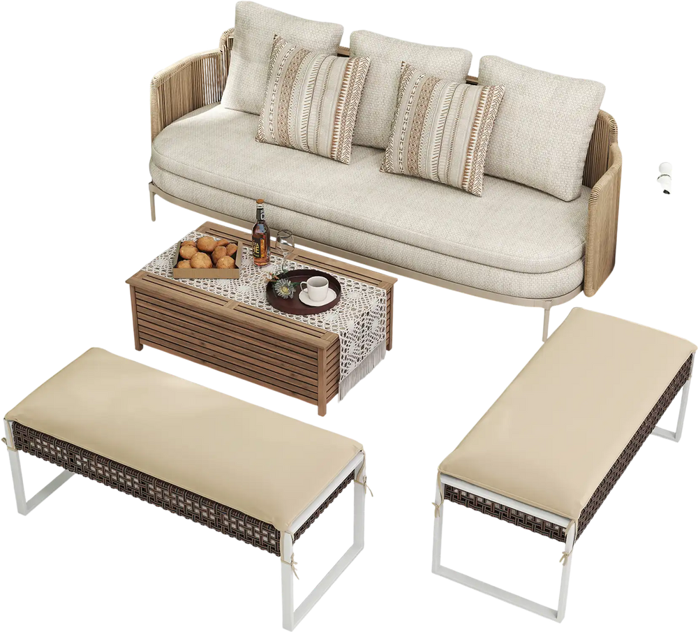 Beige 43-inch patio ottoman set of 2 with metal legs and soft cushions, ideal for backyard or poolside use.