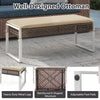 Rectangle patio ottoman with beige cushion, hand-woven PE rattan, and heavy-duty metal legs for backyard relaxation.
