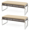 Set of two 43-inch patio rectangle ottomans with beige seat cushions and reinforced metal legs for outdoor use.