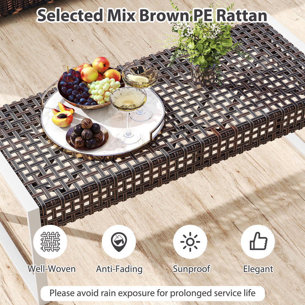 Patio rectangle ottoman in mix brown PE rattan with soft beige cushion, ideal for backyard or poolside use.