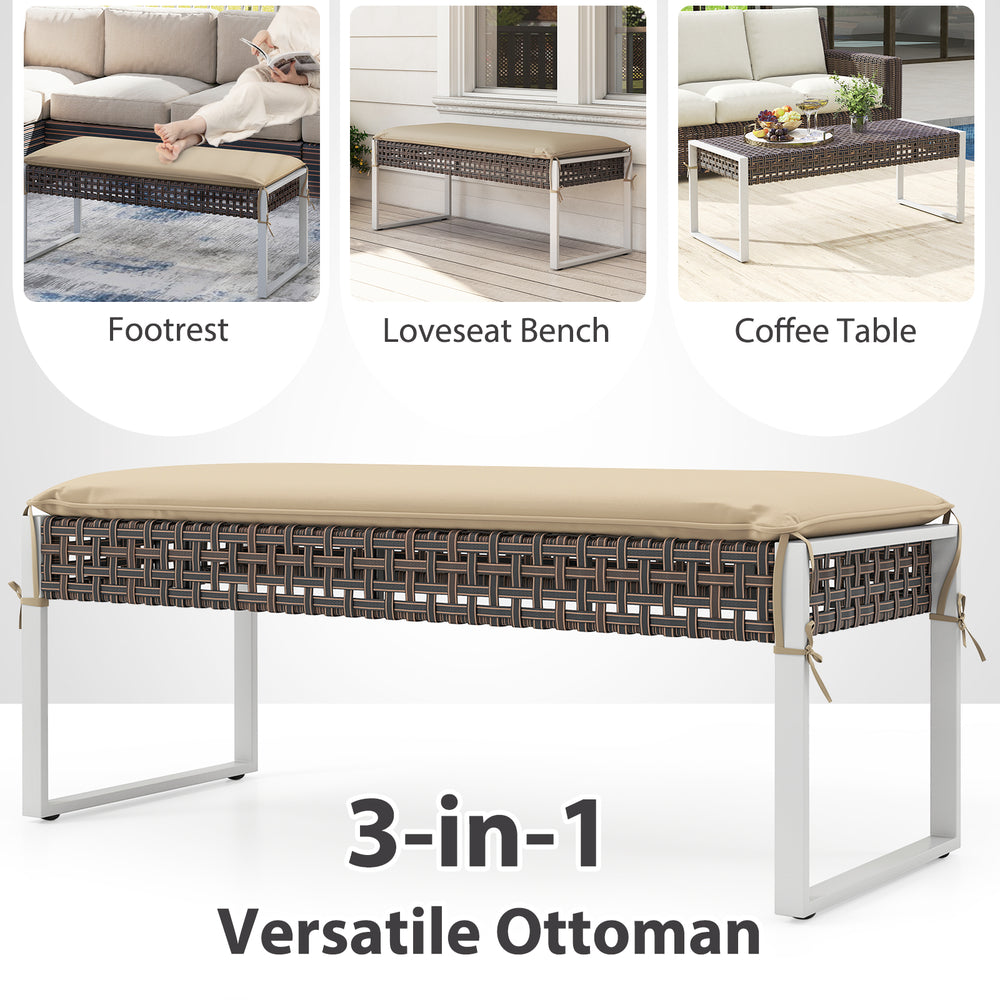 Versatile 43-inch patio ottoman in beige with PE rattan, metal legs, and soft cushion for backyard or poolside use.