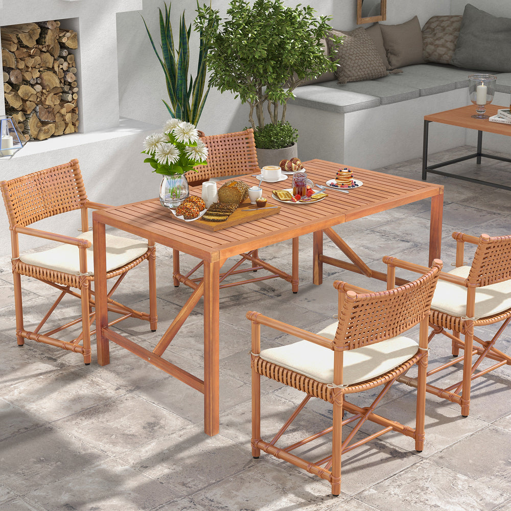 Rectangular 55-inch acacia wood dining table with umbrella hole, accommodating 4-6 people for indoor or outdoor use.