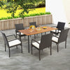 Patio acacia wood dining table with metal legs, accommodating 6 persons, featuring an umbrella hole for outdoor dining.