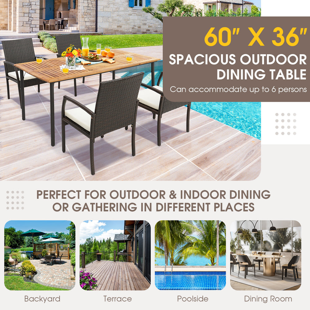 Spacious 60" x 36" acacia wood dining table with metal legs, designed for outdoor and indoor gatherings, seats 6.