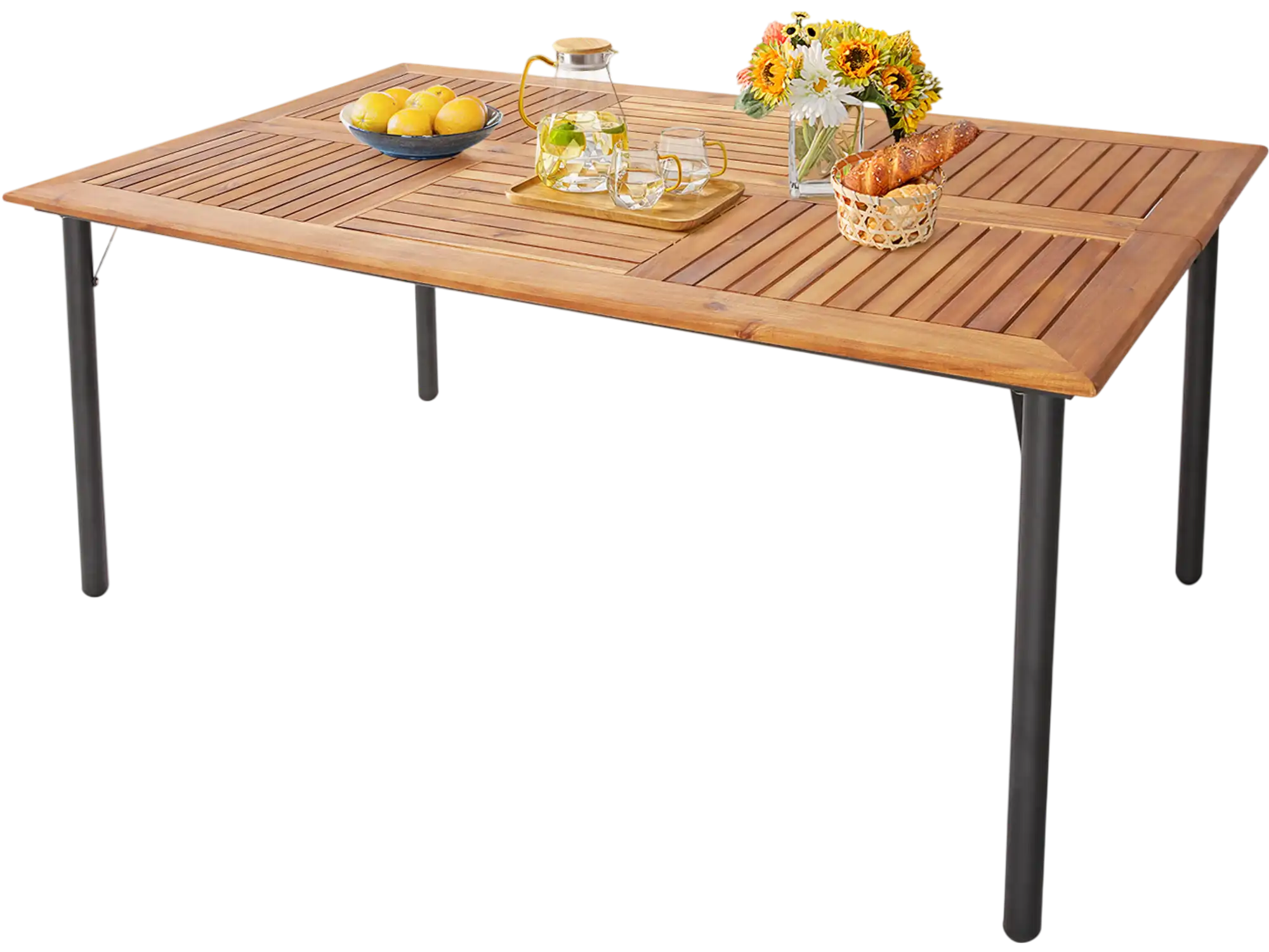 Costway Patio Acacia Wood Dining Table w/ Umbrella Hole Metal Legs 85649217 New