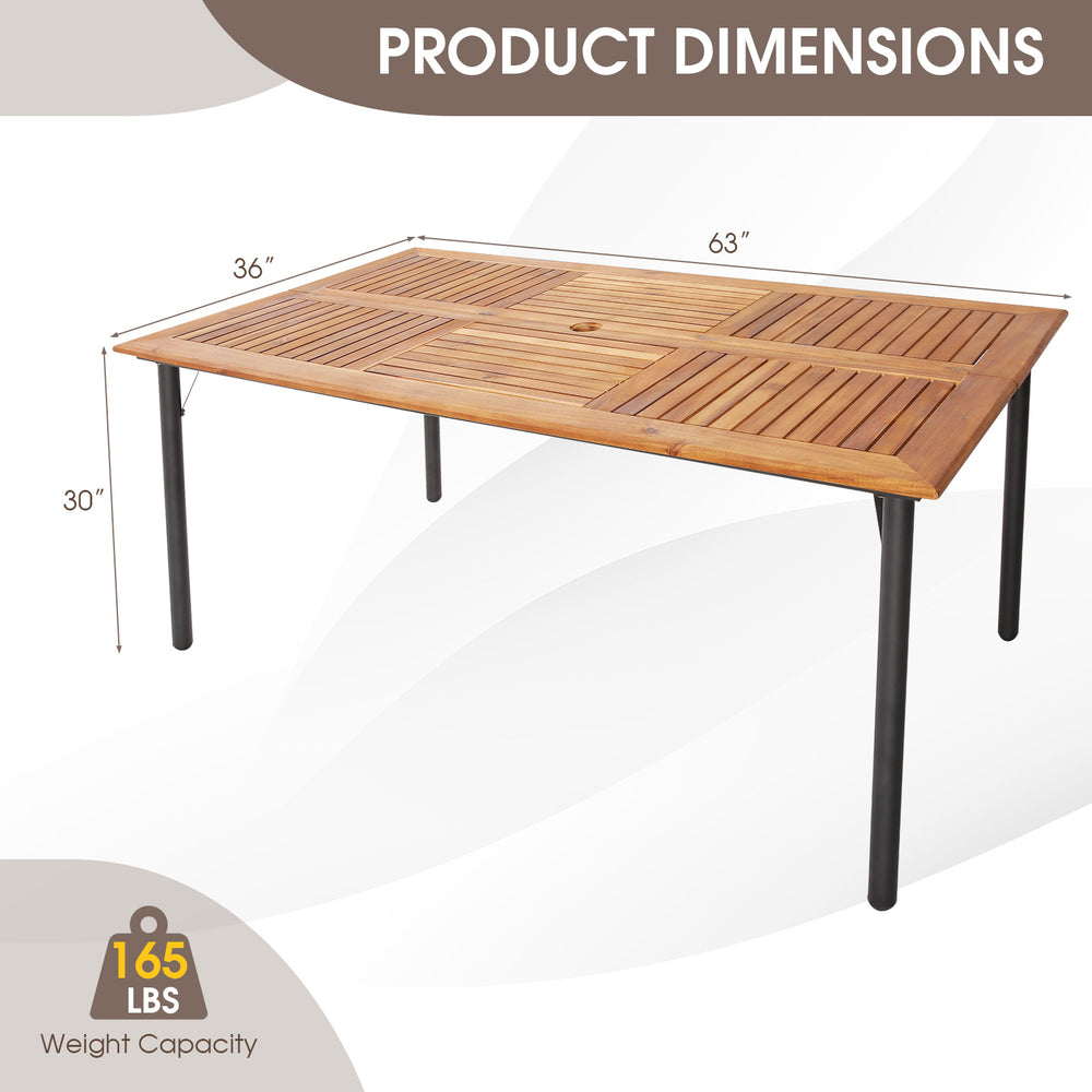 Acacia wood dining table with metal legs, 63" x 36", features an umbrella hole for outdoor dining and stability.