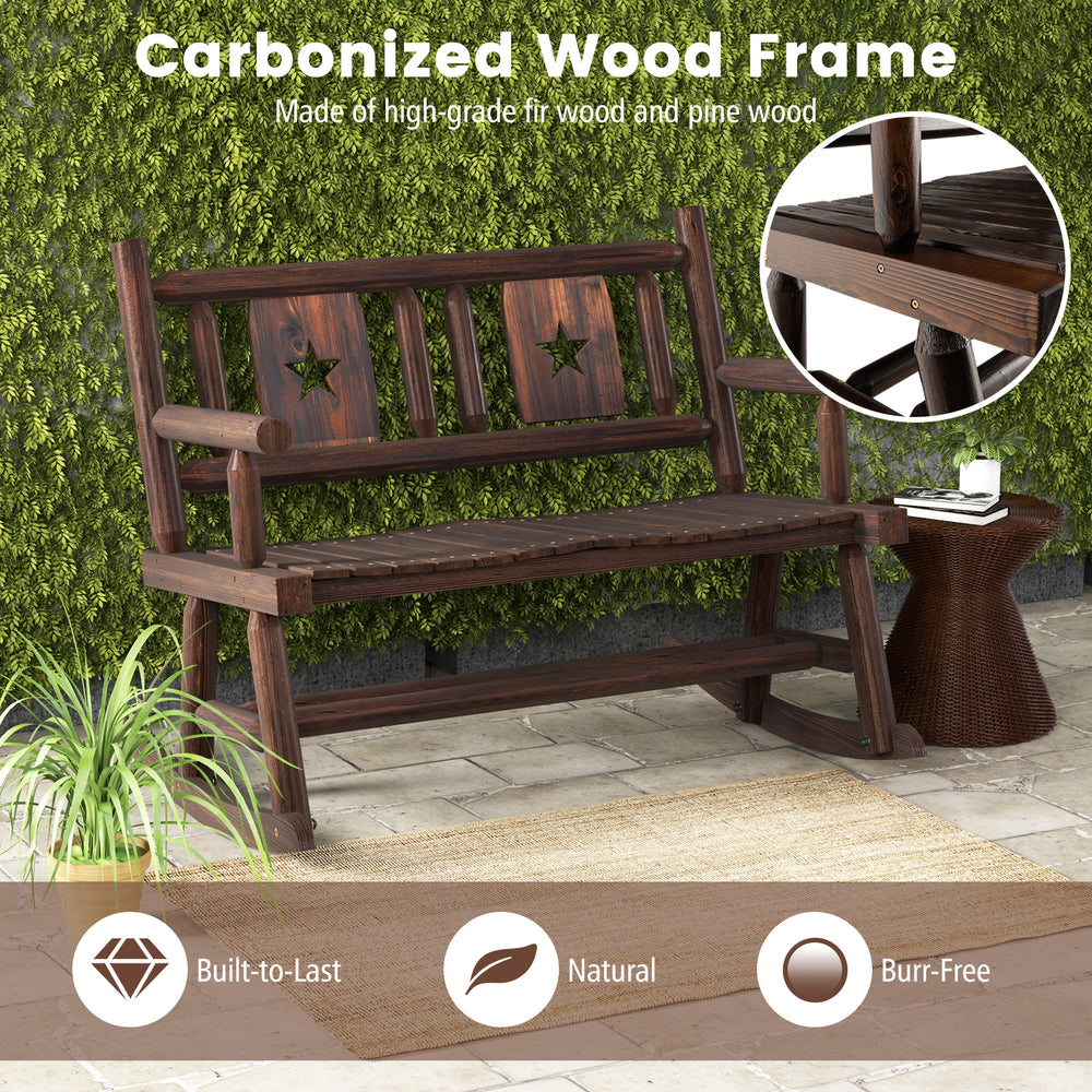 Patio rocking bench with ergonomic seat, carbonized wood frame, rustic brown finish, perfect for backyard relaxation.