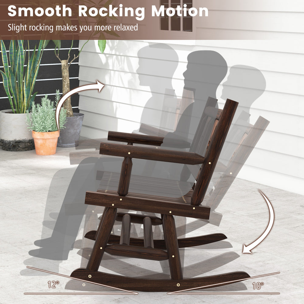 Double rocking bench chair in rustic brown, showcasing smooth rocking motion for ultimate relaxation in outdoor spaces.