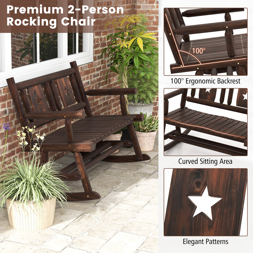 Patio rocking bench double rocker chair in rustic brown, featuring ergonomic seat and elegant patterns, ideal for.