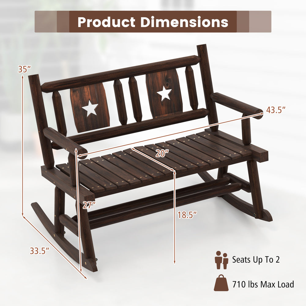 Patio rocking bench dimensions showing ergonomic double rocker chair in rustic brown, supports up to 710 lbs for.