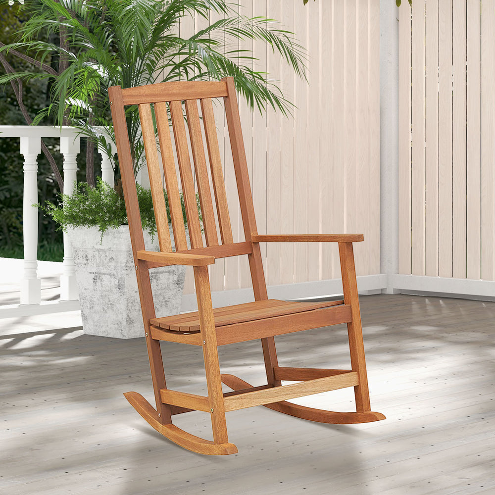 Ergonomic high-back patio rocking chair made of premium hardwood, perfect for relaxing on the balcony or porch.