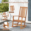 Ergonomic high-back patio rocking chair made of premium hardwood, featuring a curved seat and reinforced crossbar for.