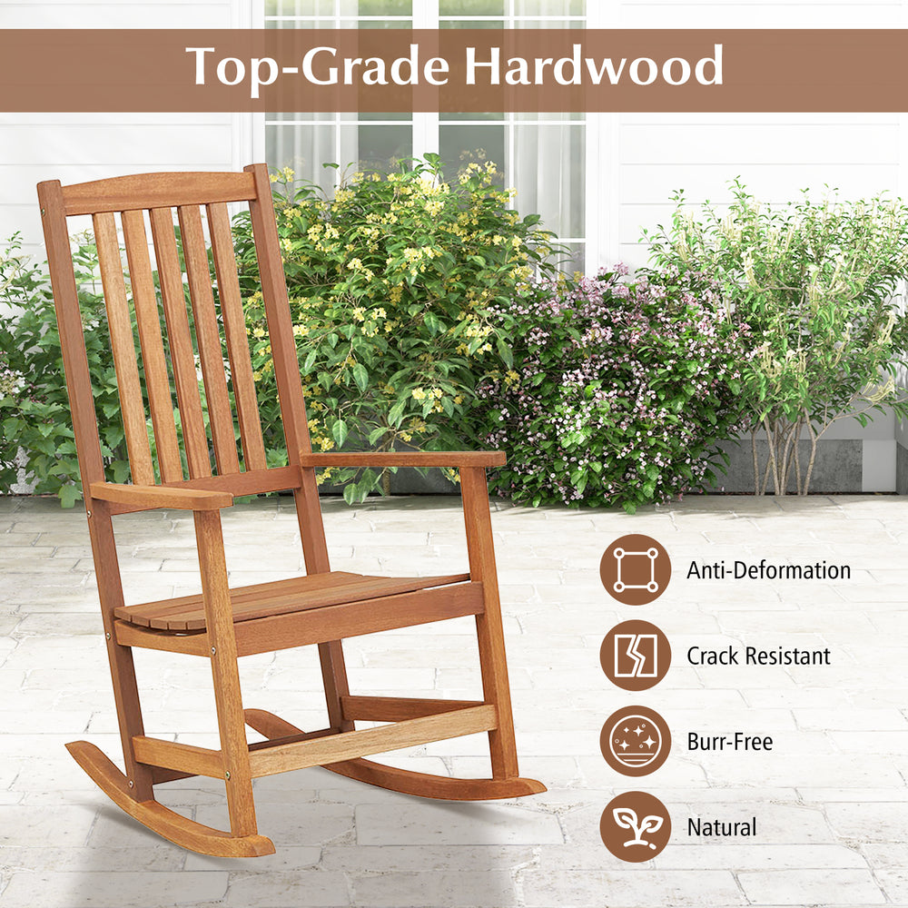 Patio rocking chair made of top-grade hardwood with ergonomic high back, perfect for outdoor relaxation on the porch.