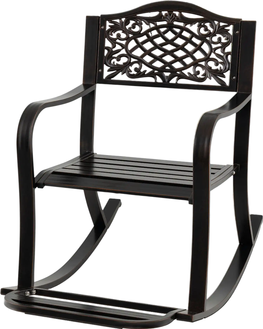 Brown patio rocking chair with floral backrest, ergonomic design, and footrest, perfect for outdoor relaxation.