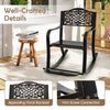 Brown patio rocking chair with floral backrest, ergonomic seat, and footrest, perfect for backyard relaxation.