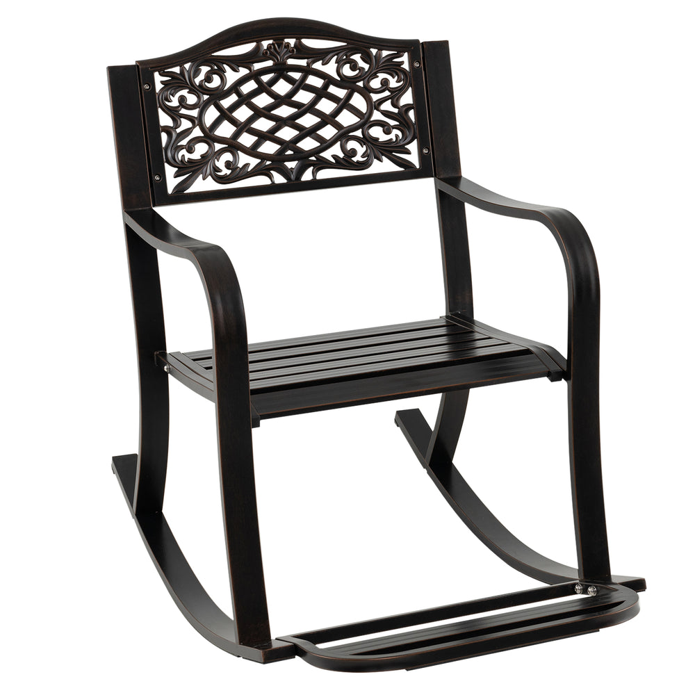 Brown patio rocking chair with floral backrest, ergonomic design, and footrest, perfect for backyard relaxation.