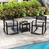 Brown patio rocking chairs with footrests and floral backrest, perfect for backyard relaxation by the poolside.