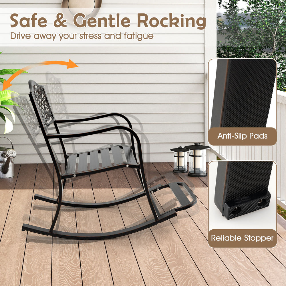 Brown patio rocking chair with footrest, ergonomic design, floral backrest, suitable for backyard or porch relaxation.