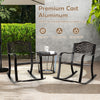 Patio rocking chair set in brown cast aluminum with floral backrest, footrest, and ergonomic armrests for outdoor.