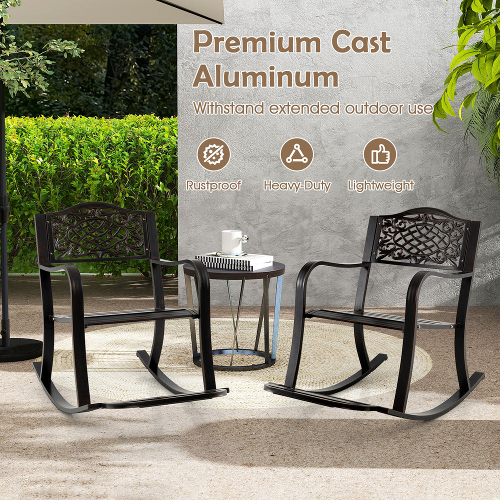 Patio rocking chair set in brown cast aluminum with floral backrest, footrest, and ergonomic armrests for outdoor.
