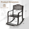 Patio rocking chair dimensions with floral backrest, made of sturdy cast aluminum, suitable for backyard relaxation.