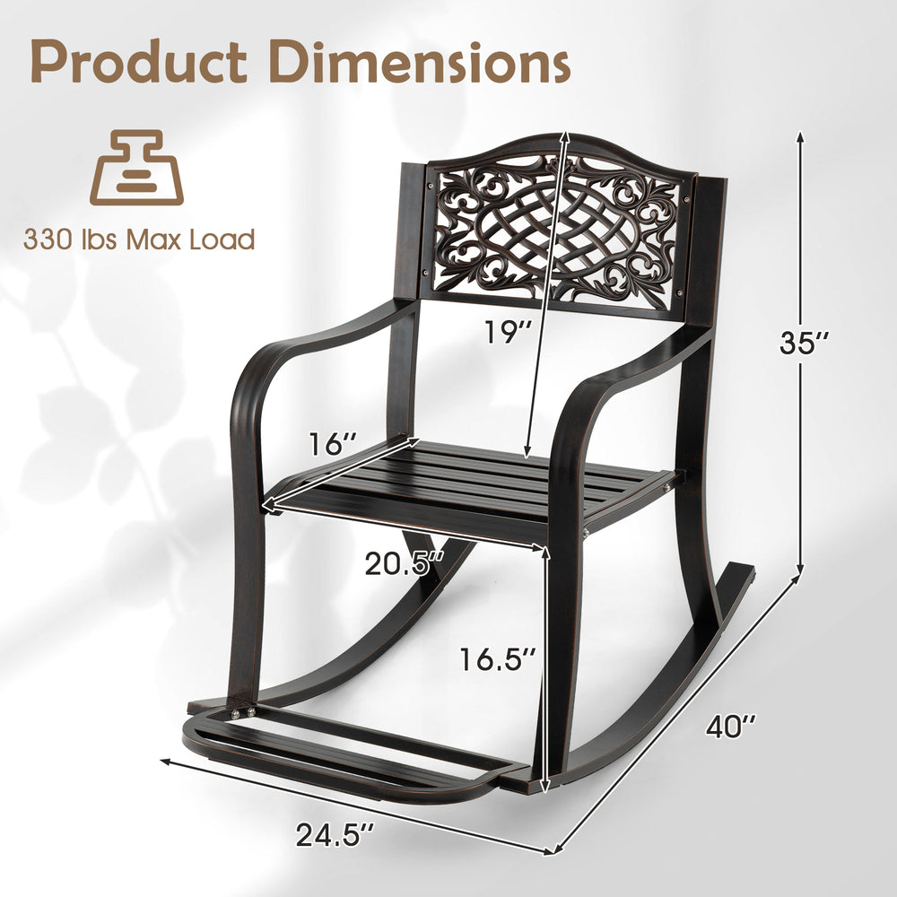 Patio rocking chair dimensions with floral backrest, made of sturdy cast aluminum, suitable for backyard relaxation.