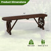 Rustic wood bench with wagon wheel base, 45" long, durable fir wood, seats up to 2, ideal for outdoor settings.