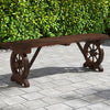 Rustic wood bench with wagon wheel base, made of durable fir wood, perfect for backyard or garden seating.