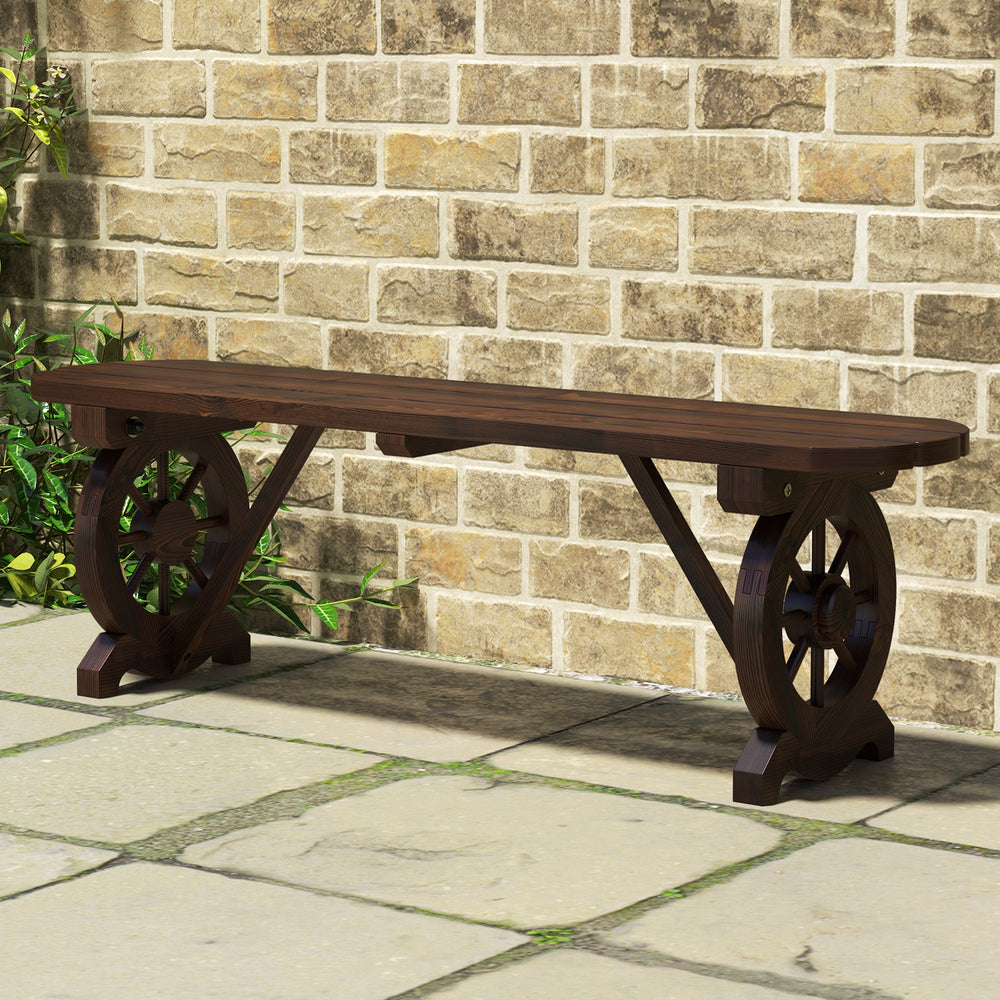 Rustic wood bench with wagon wheel base, made of durable fir wood, perfect for outdoor seating in gardens or patios.