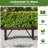 Patio rustic wood bench with wagon wheel base, made of carbonized fir wood, ideal for outdoor use in gardens or.