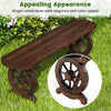 Patio rustic wood bench with wagon wheel base, durable fir wood, perfect for backyard or garden seating.