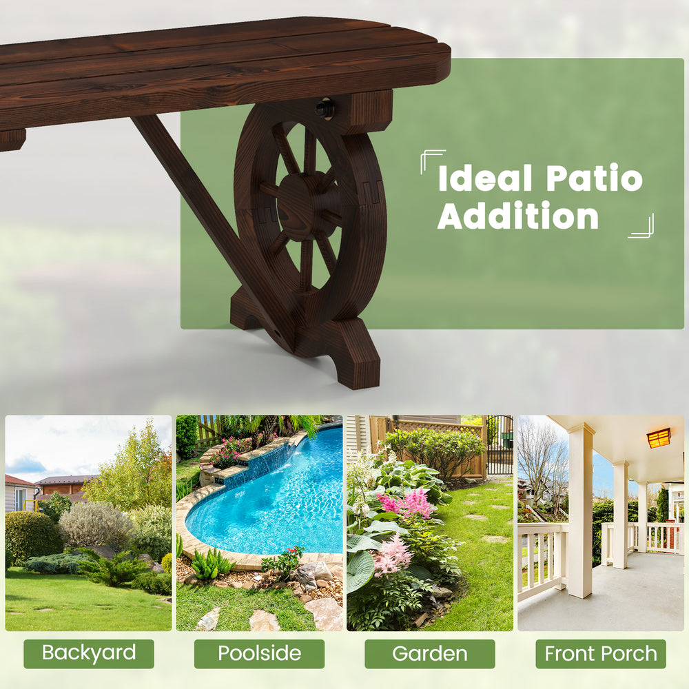 Patio Rustic Wood Bench with wagon wheel base, made of durable fir wood, ideal for backyard or garden seating.