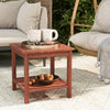 Acacia wood patio side table featuring a slatted design and lower shelf, ideal for outdoor lounging and entertaining.