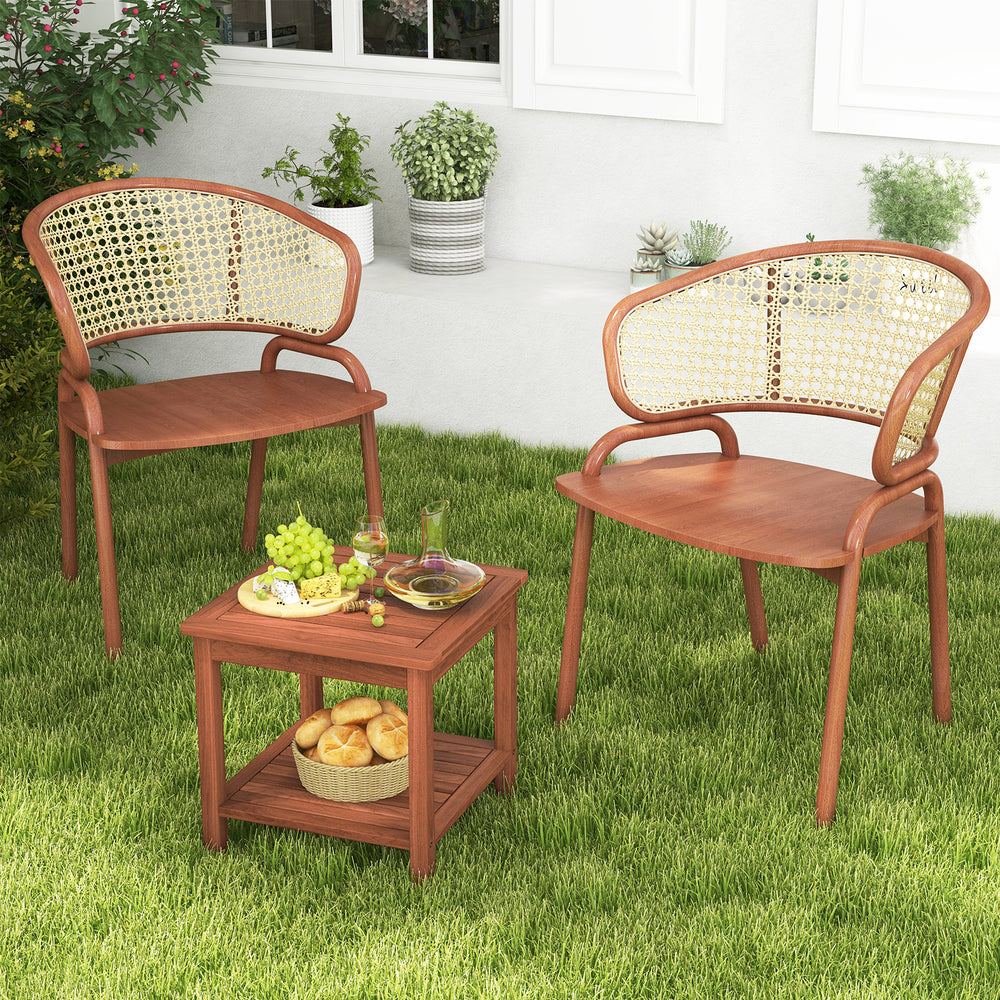 Double-tier acacia wood patio side table with slatted tabletop, perfect for backyard or poolside use.