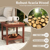 Double-tier acacia wood patio side table with slatted tabletop, ideal for backyard or poolside use.