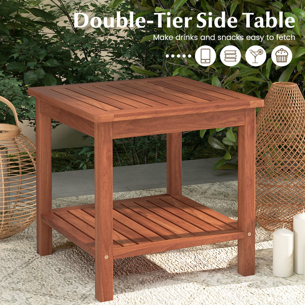 Double-tier acacia wood side table with slatted top and shelf, perfect for drinks and snacks in outdoor settings.