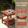 Double-tier acacia wood patio side table with slatted tabletop, round corners, ideal for backyard or poolside use.