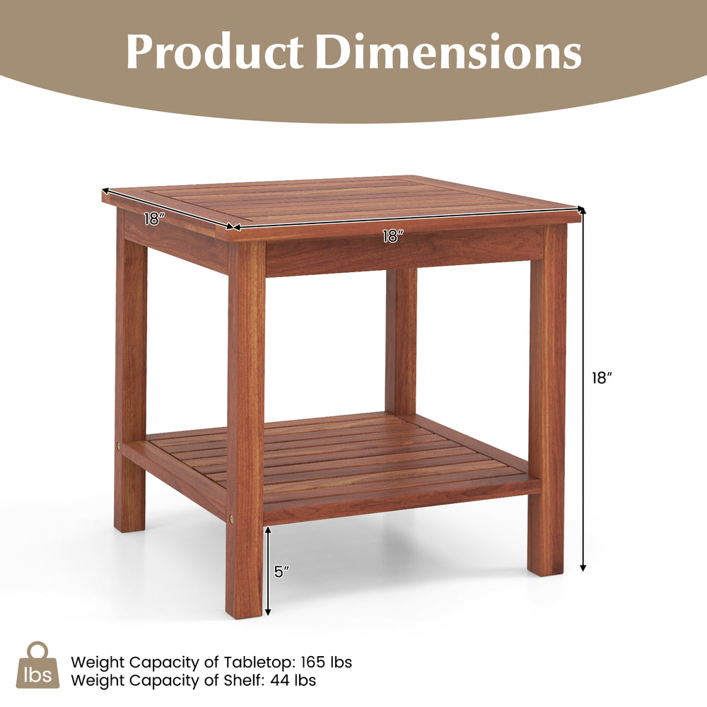 Dimensions of double-tier acacia wood patio side table, showcasing slatted top and lower shelf for drinks and snacks.