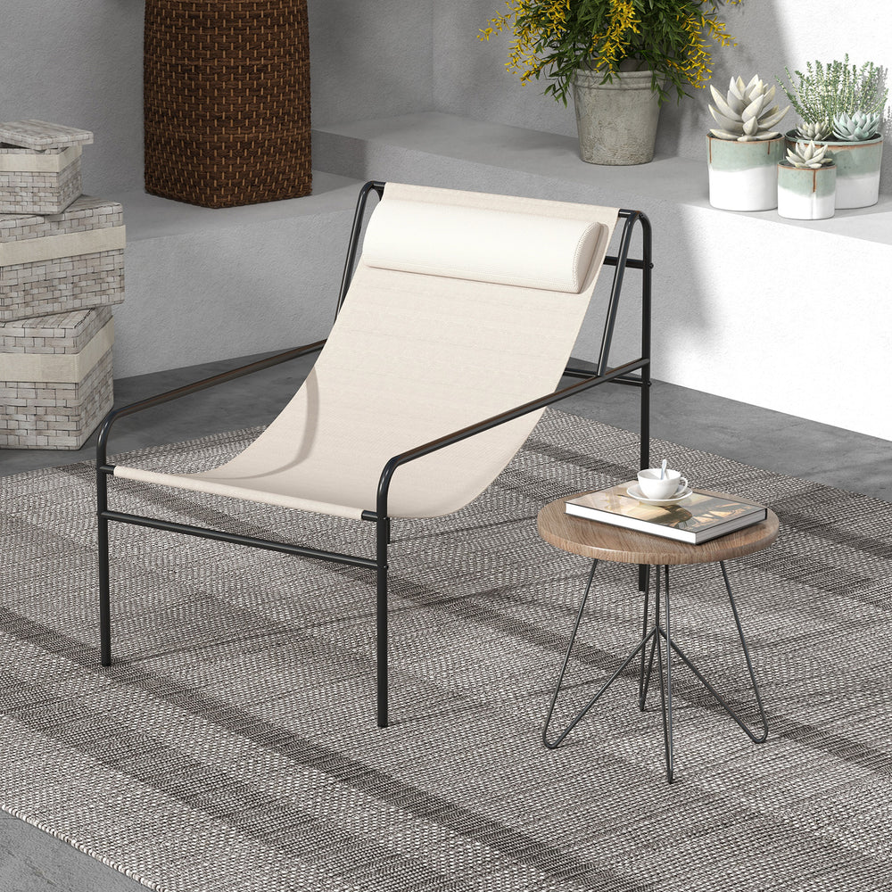 Patio sling lounge chair in beige with removable headrest, featuring a durable metal frame for indoor and outdoor use.